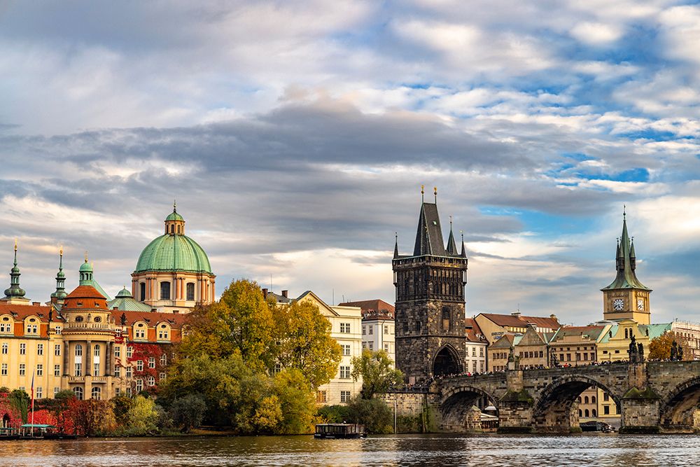 Charles Bridge and Vlata River at sunset in Prague-Czech Republic